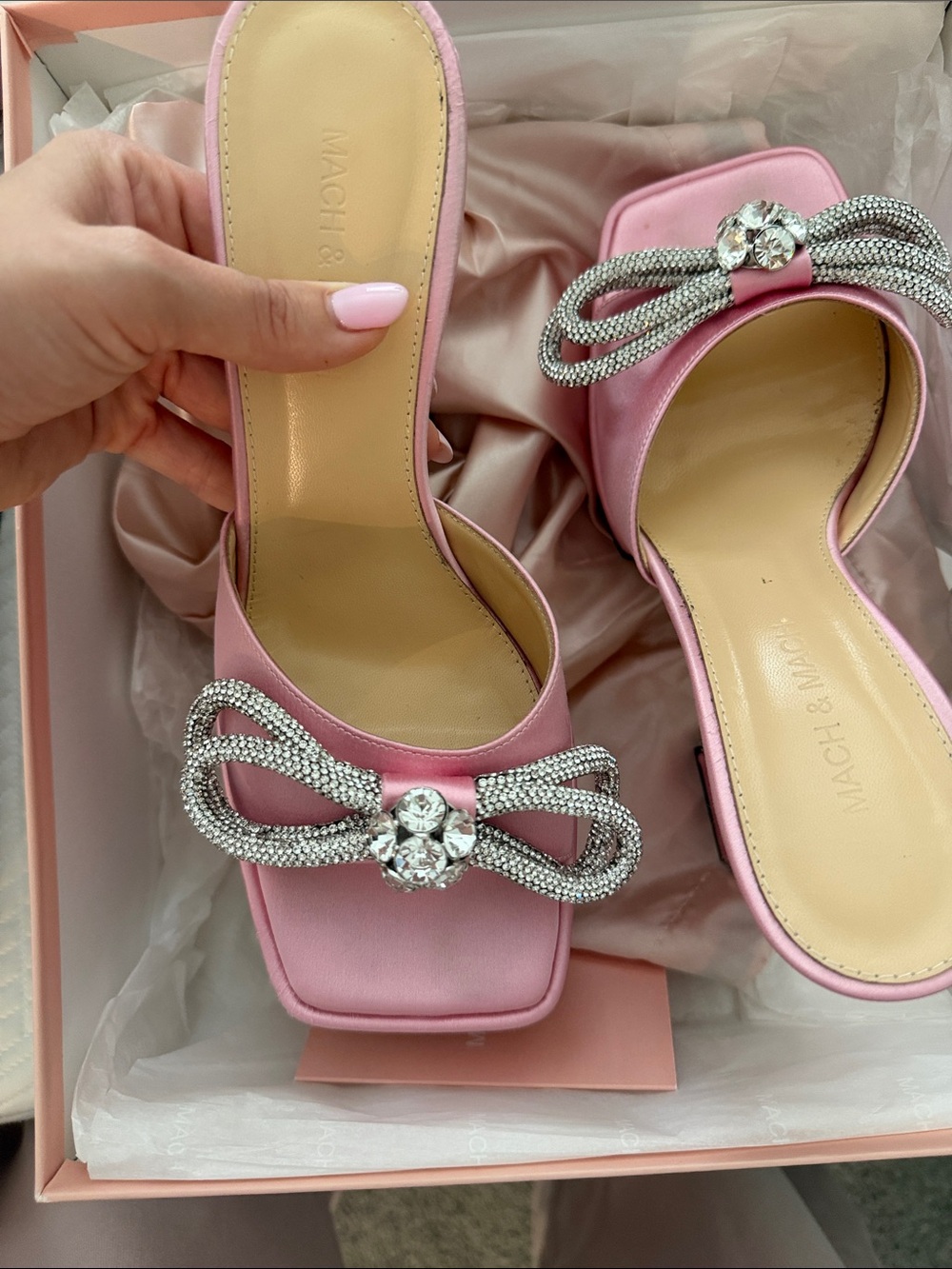 MACH & MACH Pink Satin Crystal Bow Slide Sandals with Rhinestone Knot